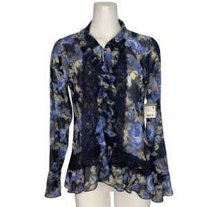 Free People Bad At Love Blouse M Sheer Denim Combo Floral